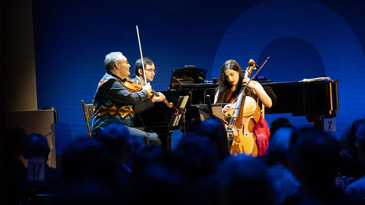A group of musicians perform onstage at the IRC's Global Rescue Dinner.