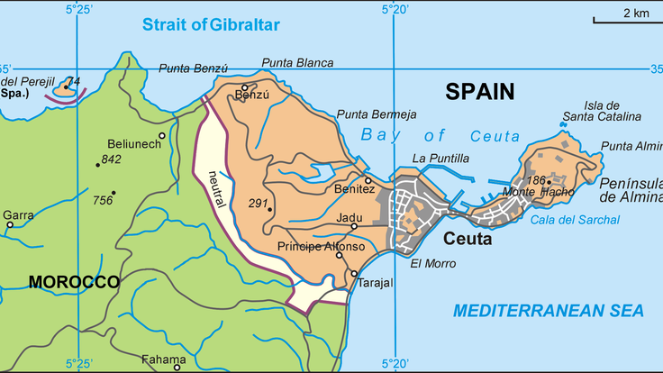 A map showing the neutral zone between Ceuta (A Spanish city in northern Africa) and Morocco 