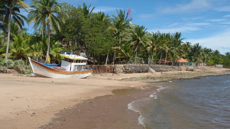 An old boat washed ashore a tropical beach.