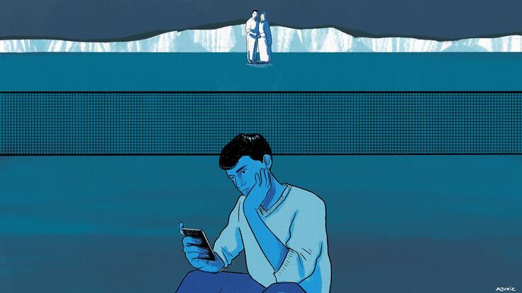 Illustration of Bahar on his phone wishing to be with his family in the UK.
