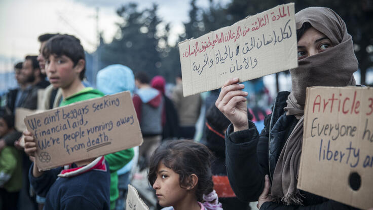 Refugees protesting at the Idomeni border camp in northern Greece.