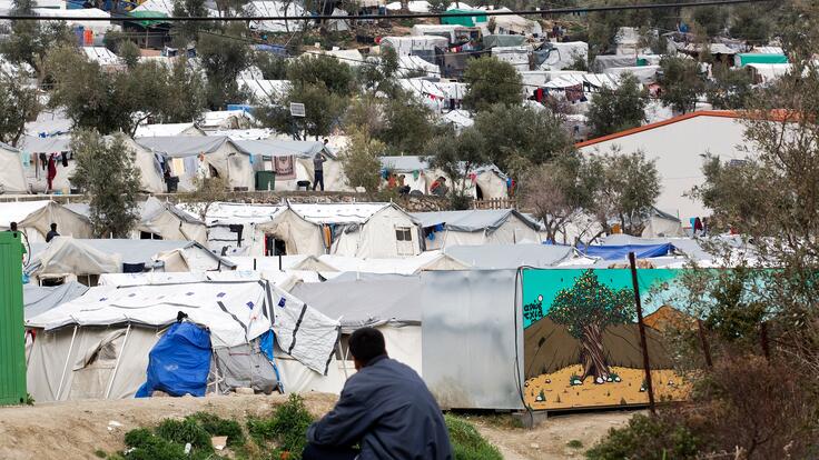 Rows of tents crowded together in Moria refugee camp, Greece