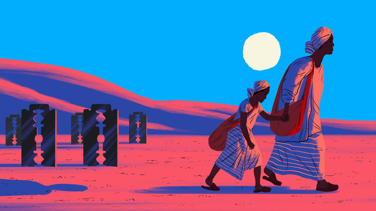 An illustration of Alia, a woman who escaped Sudan and is attempting to make it to Italy. Alia is walking in the desert while holding hands with her 11-year-old daughter. It is evening and there is a bright blue sky and white moon behind them. 