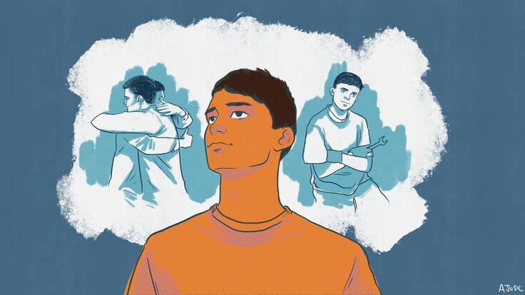 Illustration of Ali, 16, an Afghan refugee, with a thought bubble behind him. In the bubble his future self is shown hugging his brother when they are reunited and holding a wrench while working as a mechanic. 