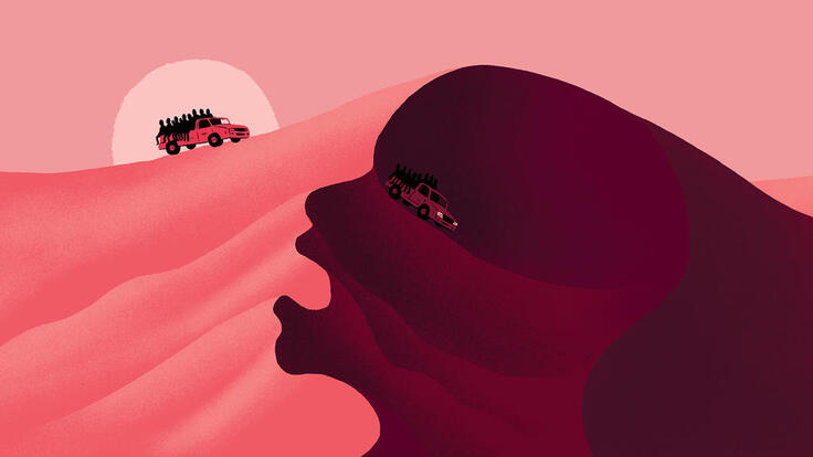 Two trucks drive over a very high sand dune with their beds filled almostly entirely with people. The illustration is done entirely in pink and black. 