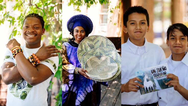 A collage of Koffi, smiling and crossing his arms to show his bracelets; Rosetta smiling and holding a basket; and Leander and Jesus smiling and holding their book.