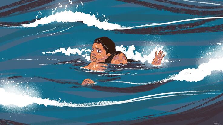 An illustration of Ali, an Afghan teenager, swimming carrying his sister after their boat  sunk crossing to Greece.