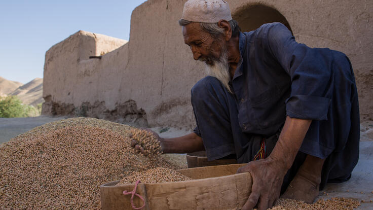 An Afghan man sits on the ground holding a sieve and sifting a pile of grain during a drought. 