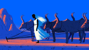 Illustration of a a girl standing tethered with cows. 