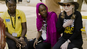 Mia Farrow with International Rescue Committee nutrition program staff in Chad.