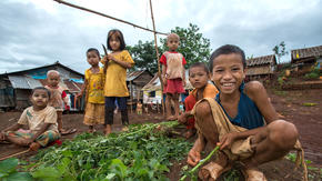 Young children outside surround a small garden in a settlement for migrant workers.
