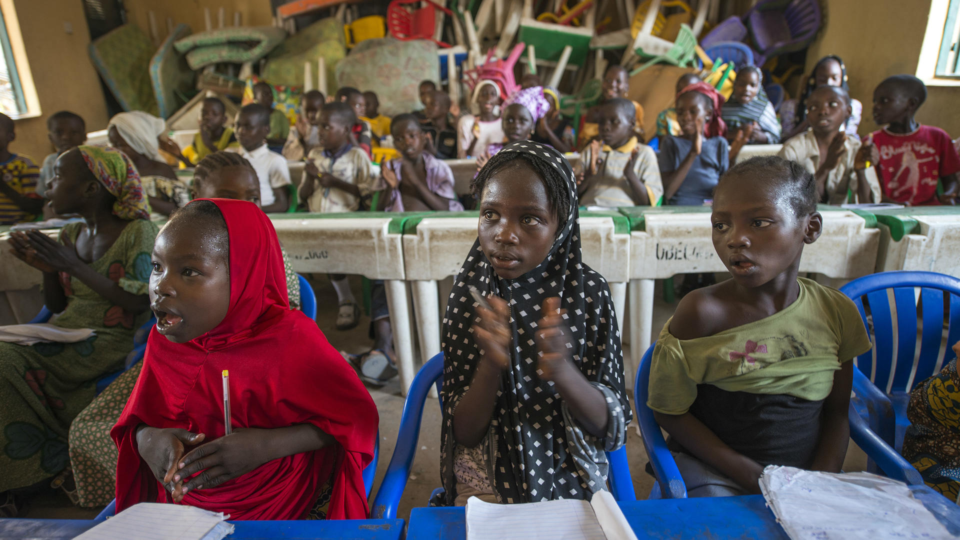 Children take part in an IRC-organized math class in a displacement camp near Yola, Nigeria. Children take part in an IRC-organized math class in a displacement camp near Yola, Nigeria.