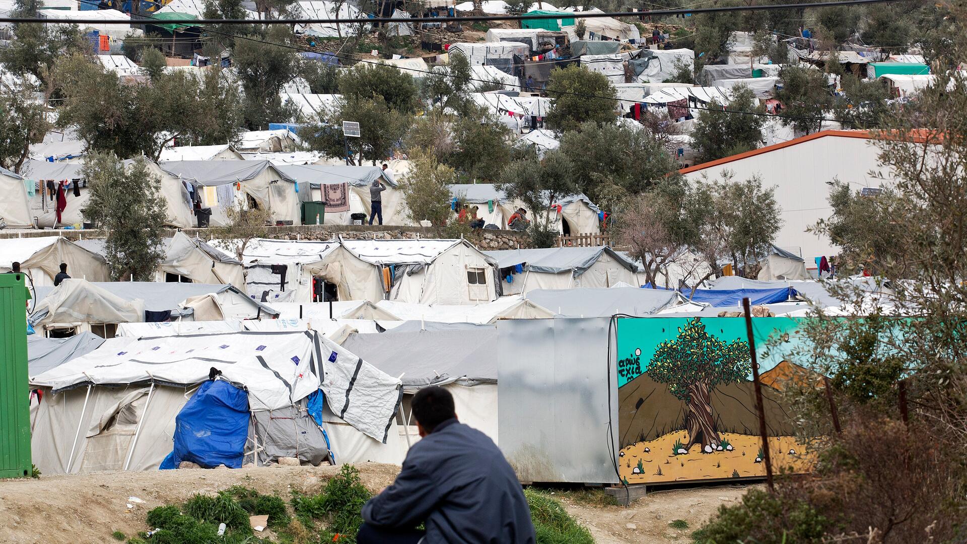 Rows of tents in Moria, where the International Rescue Committee is supporting refugees Rows of tents crowded together in Moria refugee camp, Greece