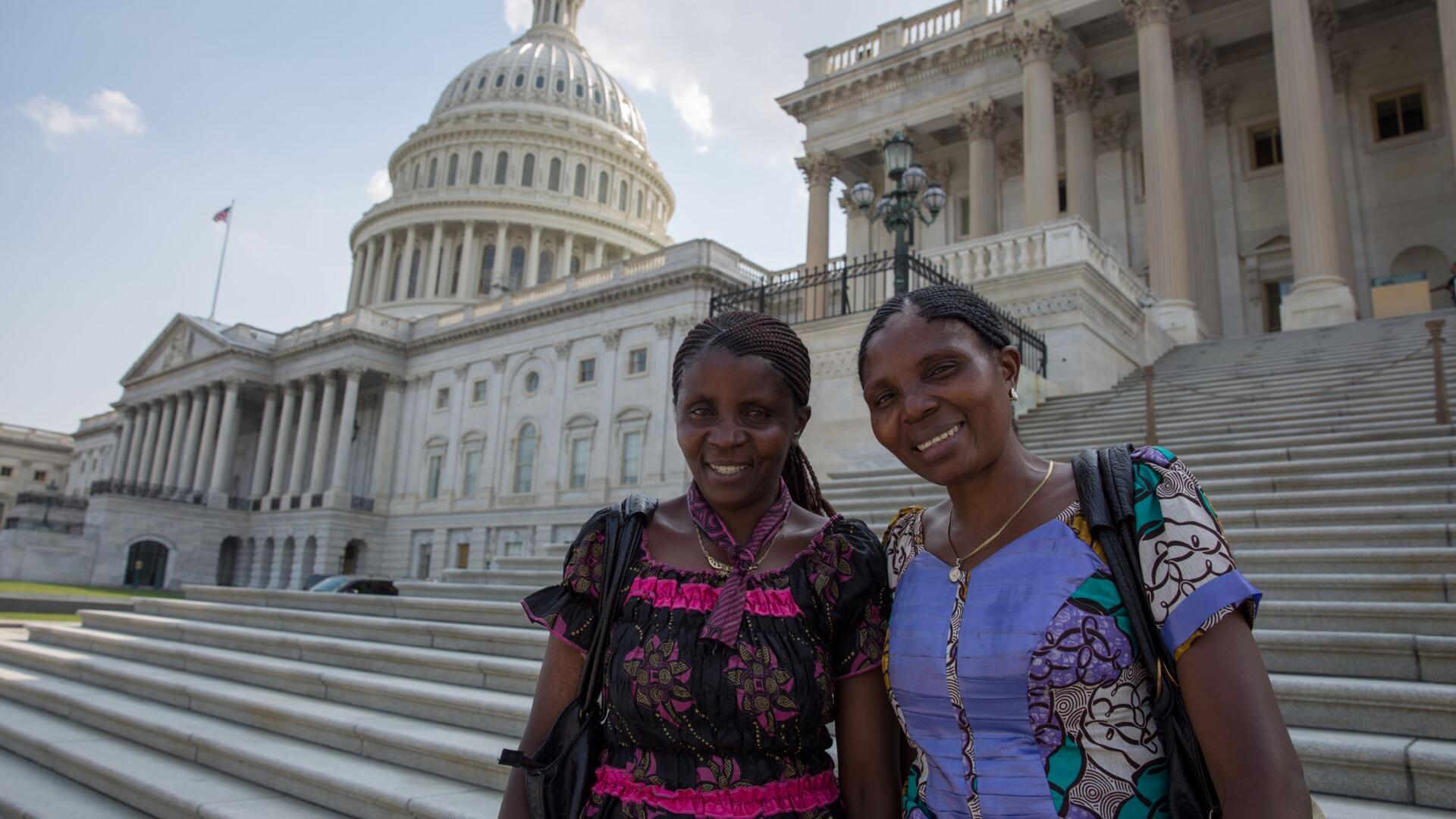 Séraphine Nsekanabo Musanga and Marie Jeannette Nabintu M’Mirindi of IRC partner Ituze, based in the Deocratic Republic of Congo Two female women's rights activists from the Democratic Republic of Congo stand on the steps of the U.S. Capitol on a visit to Washington, DC in 2016