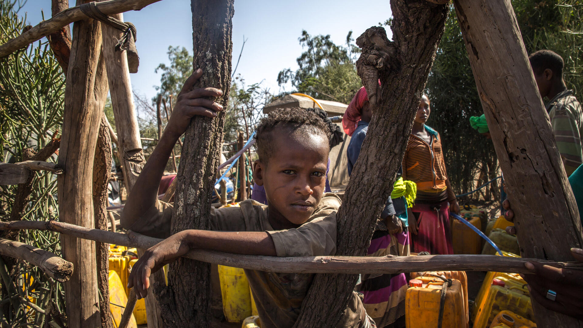 A boy collecting water leans against a fence in Ethiopia A boy leans against a fence made of branches in Ethiopia