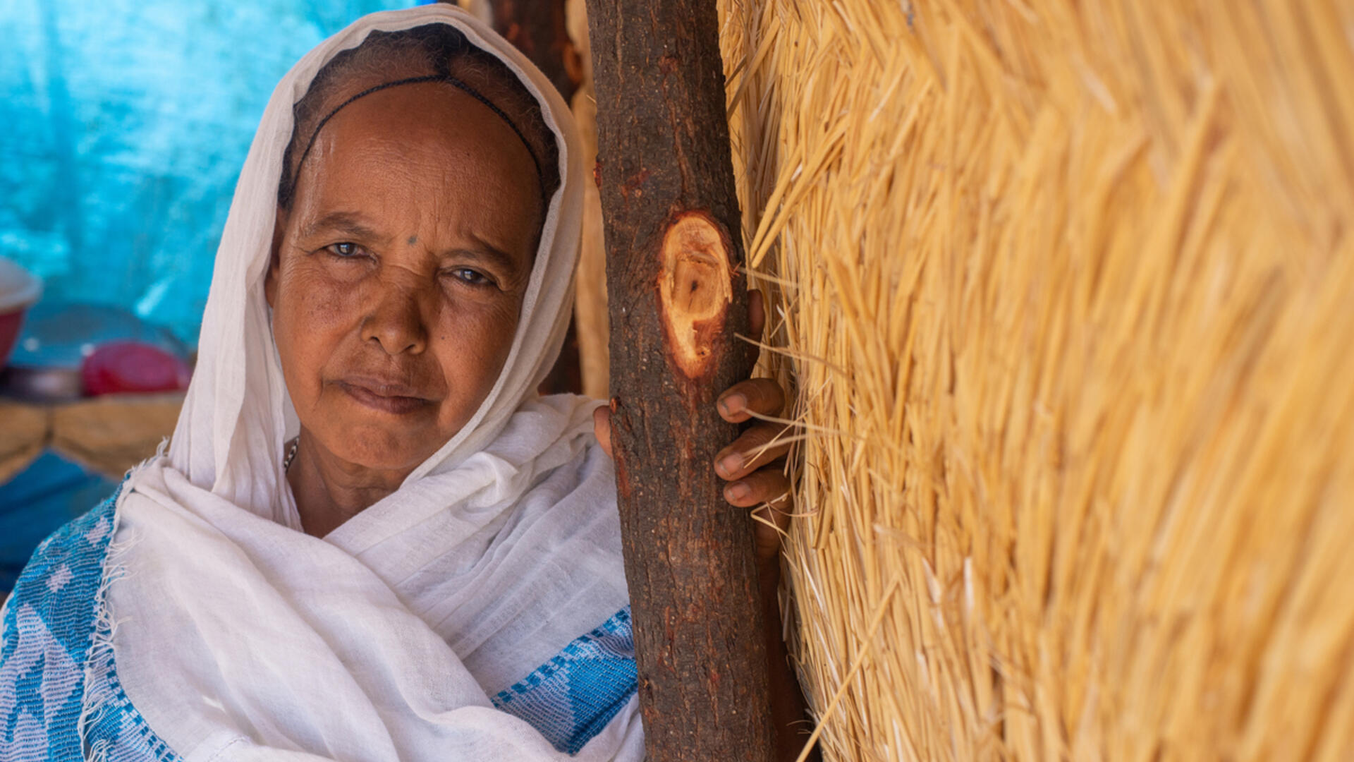 60-year old Berhan fled from Mai Kadra, located in the Tigray region of Ethiopia. Along with other Tigrayans, she now lives in Gedaref camp in Sudan. 60-year old Berhan leans against a wooden beam supporting a thatched shelter where she lives in Sudan.