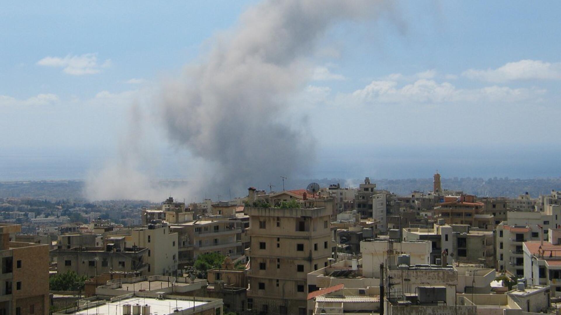 Beirut shortly after the blast in August of 2020. The skyline of Beirut with a huge plume of smoke in the background.
