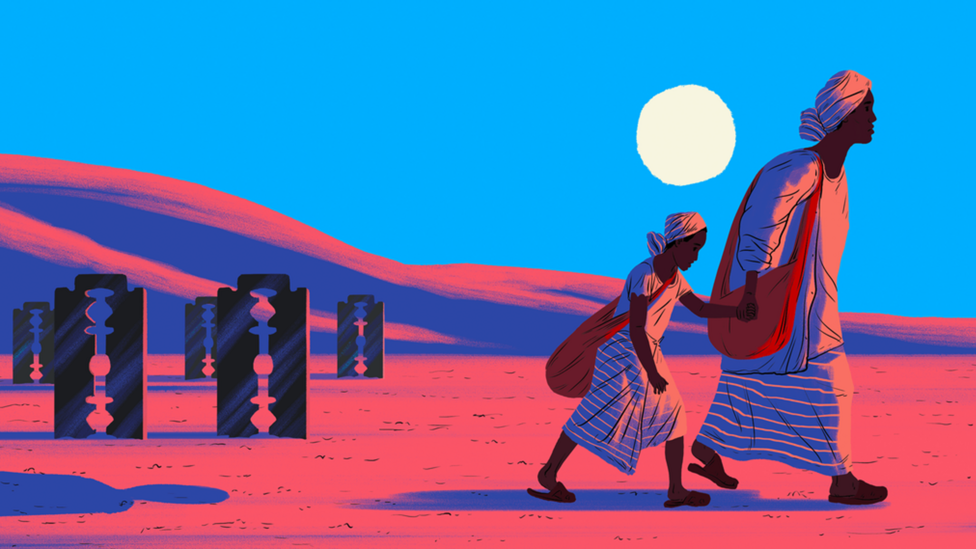 An illustration of Alia, a woman who escaped Sudan and is attempting to make it to Italy. An illustration of Alia, a woman who escaped Sudan and is attempting to make it to Italy. Alia is walking in the desert while holding hands with her 11-year-old daughter. It is evening and there is a bright blue sky and white moon behind them.