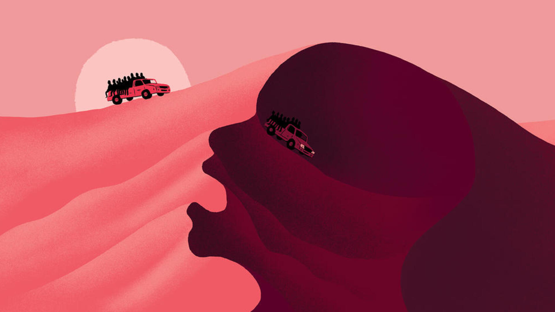Pick up trucks in the desert in Libya Two trucks drive over a very high sand dune with their beds filled almostly entirely with people. The illustration is done entirely in pink and black.