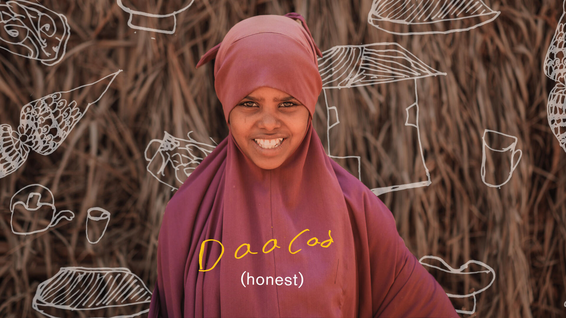 Asha Shoaib Hassan, wearing maroon, smiles. There is text on the page that reads "honest" in English and Somali. 