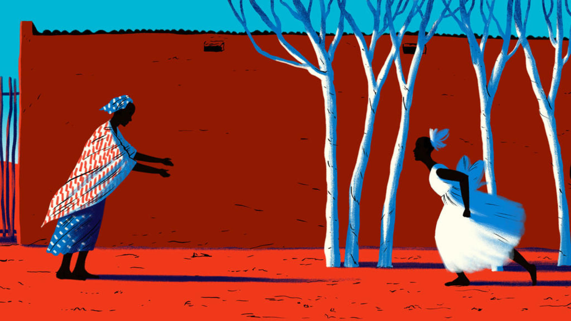 A girl in South Sudan returns to her mother. Illustration by Paul Blow. A girl runs to her mother